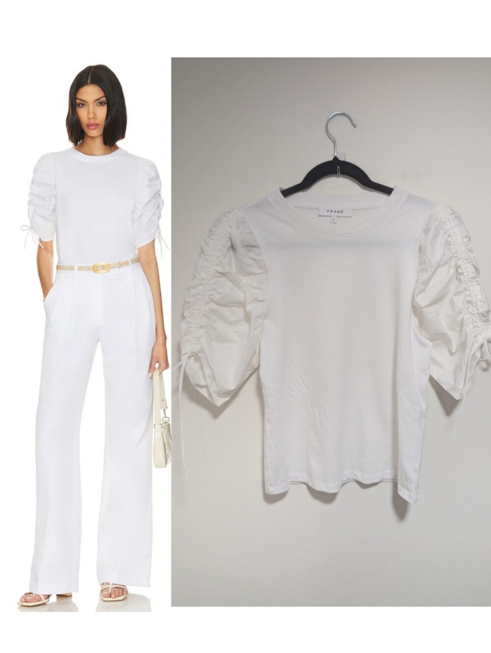 Frame | Ruched Tie Sleeve Tee In Blanc White